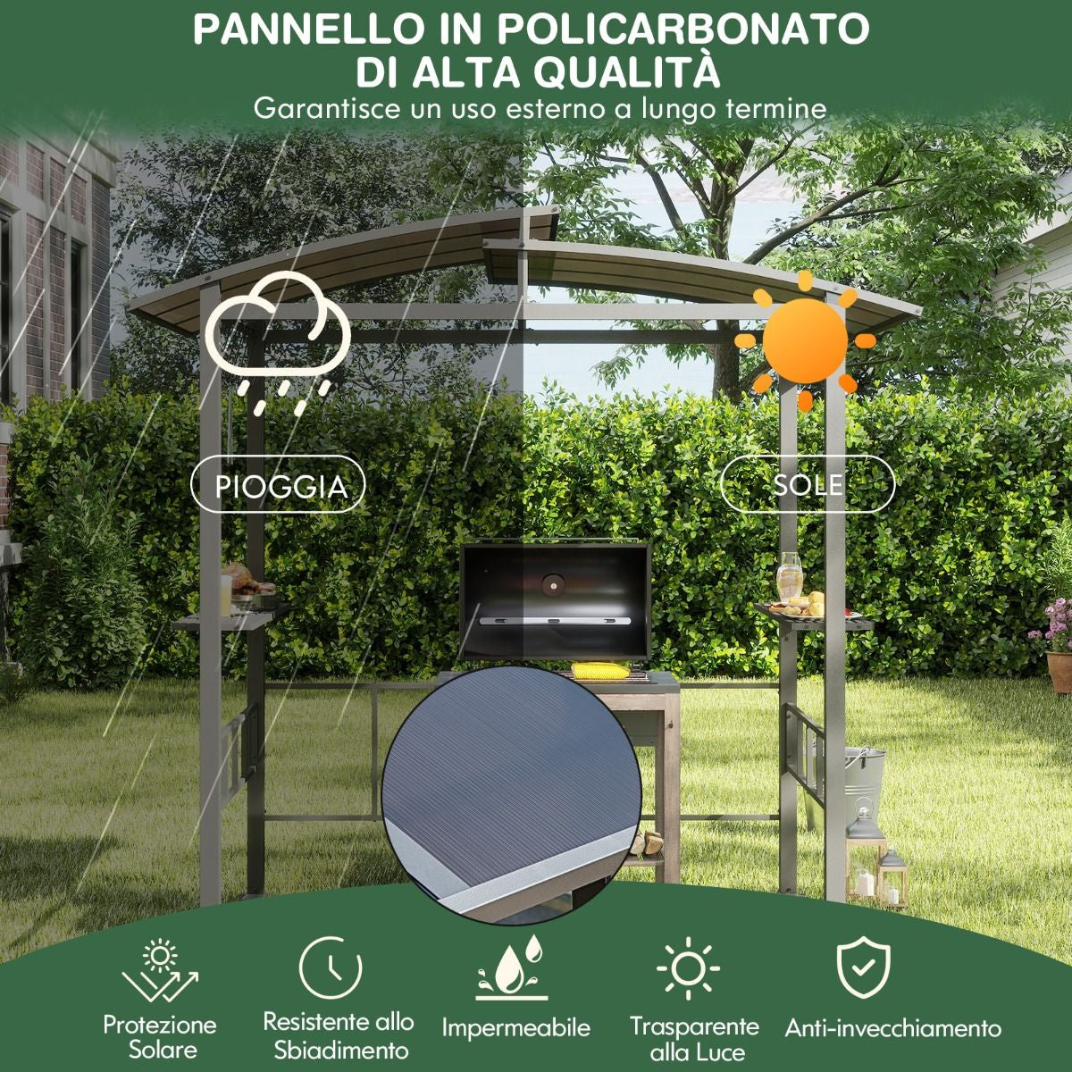 Gazebo Barbecue Con Tetto in Policarbonato Ventilato Mensole Laterali Ganci, Gazebo Barbecue Struttura in Metallo Nero