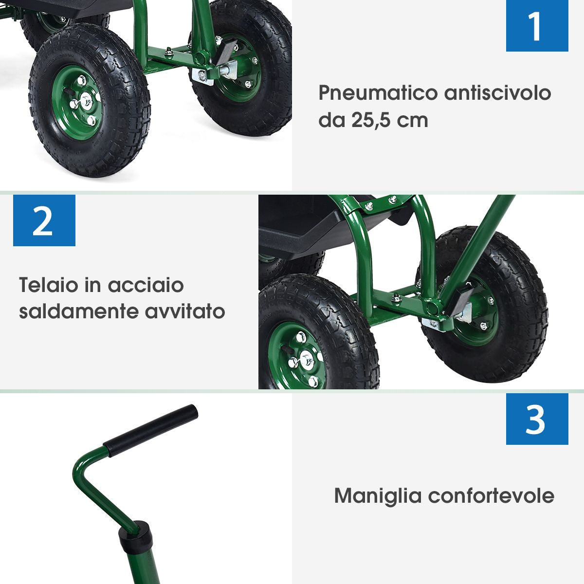Carrello Da Giardino Maneggevole Con Manico Estensibile Sedile Regolabile , Sedile Da Lavoro Verde 96,5X47,5X55Cm