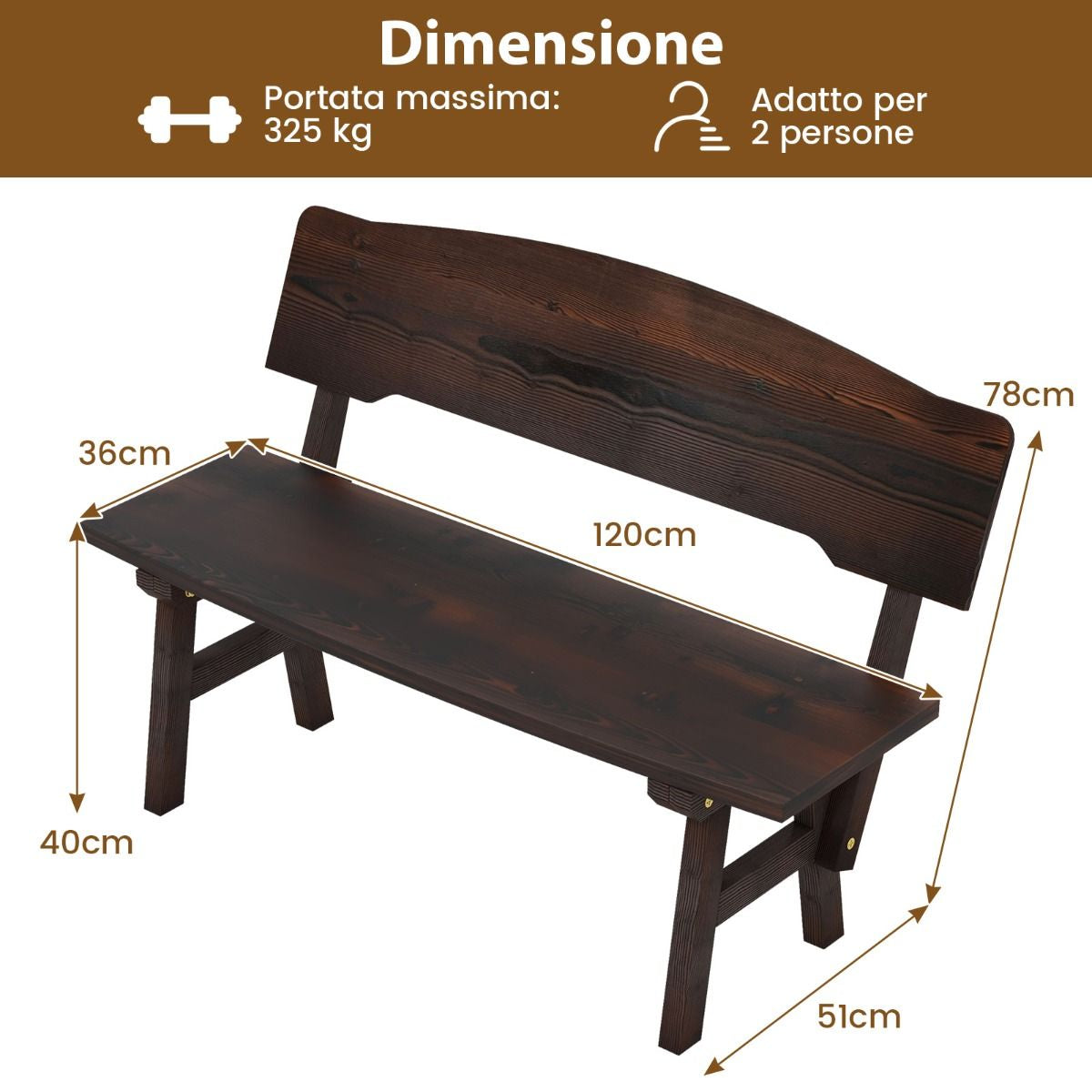 Panchina da giardino in legno di abete con schienale inclinato – seduta a 2 posti, robusta e confortevole (325 kg) - Outdoor Fir Wood Garden Bench with Inclined Backrest – Two-Seater, Sturdy and Comfortable (325 kg Load Capacity)
