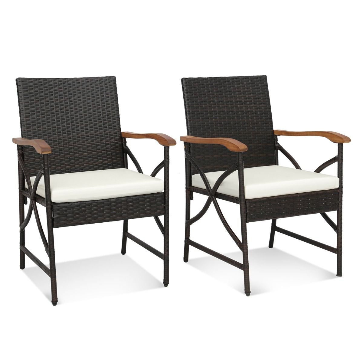 Set Di 2 Sedie in Vimini per Patio Con Cuscino Struttura in Metallo, Sedie in Rattan in PE per Esterni Beige