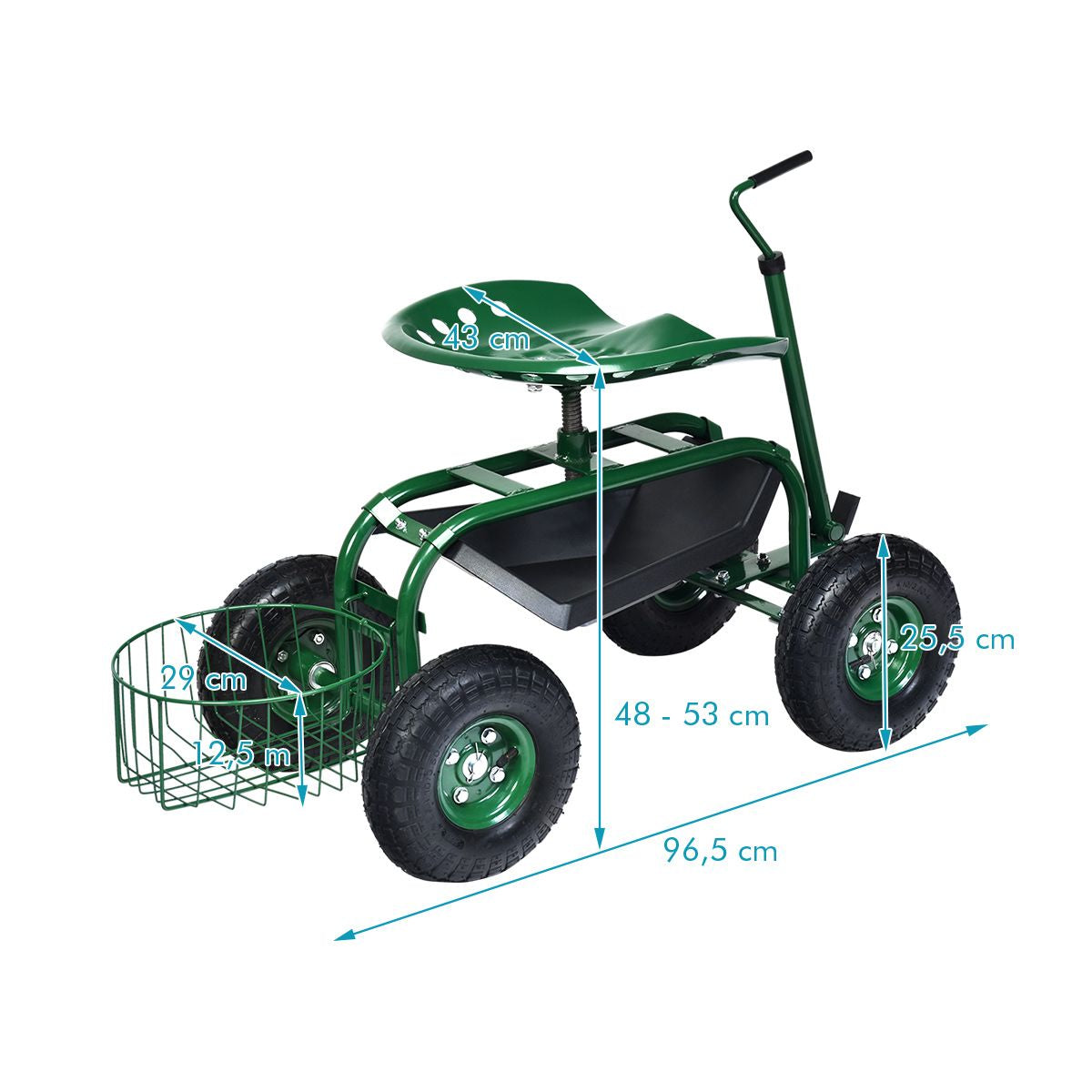 Carrello Da Giardino Maneggevole Con Manico Estensibile Sedile Regolabile , Sedile Da Lavoro Verde 96,5X47,5X55Cm