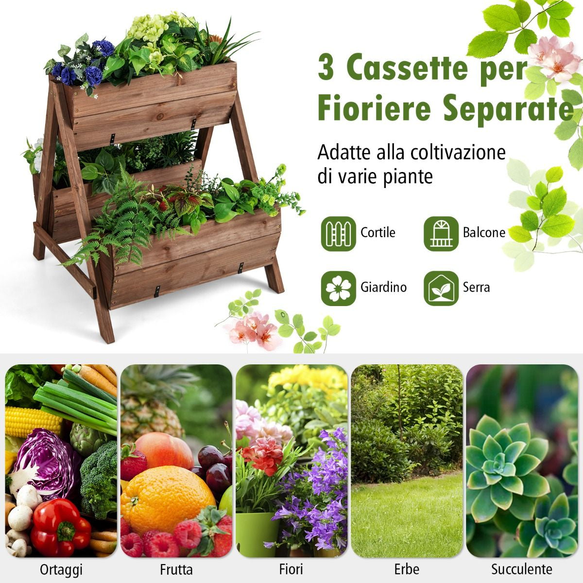 Letto da giardino rialzato verticale – supporto per piante a scala con 3 fioriere in legno naturale e fori di drenaggio