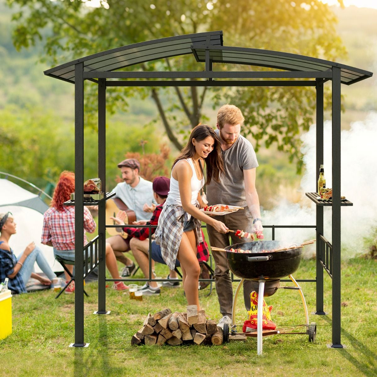 Gazebo Barbecue Con Tetto in Policarbonato Ventilato Mensole Laterali Ganci, Gazebo Barbecue Struttura in Metallo Nero