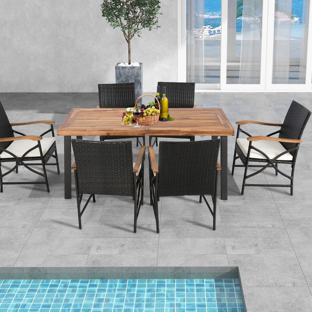 Set Di 2 Sedie in Vimini per Patio Con Cuscino Struttura in Metallo, Sedie in Rattan in PE per Esterni Beige