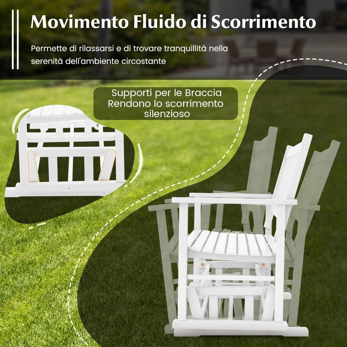 Panca a dondolo da esterno in legno massello – seduta a due posti con delicato movimento oscillante e finitura bianca - Outdoor Solid Wood Glider Bench – Two-Seater Rocking Loveseat with Gentle Swing Motion and White Finish