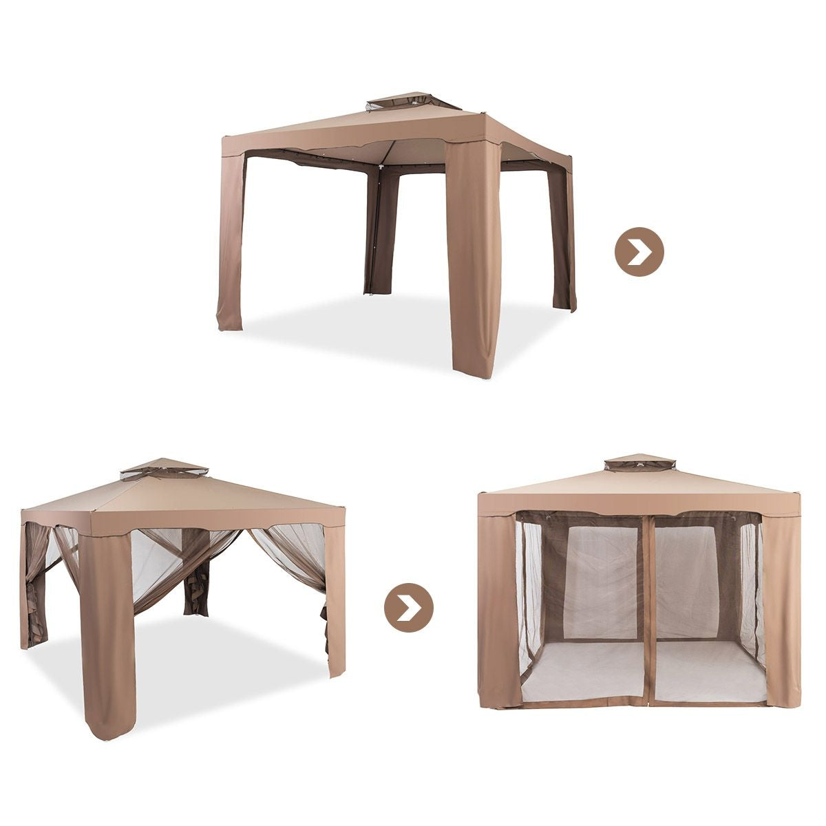 Gazebo a Doppio Tetto Con Zanzariera 3X3M Da Esterno E Campeggio Marrone