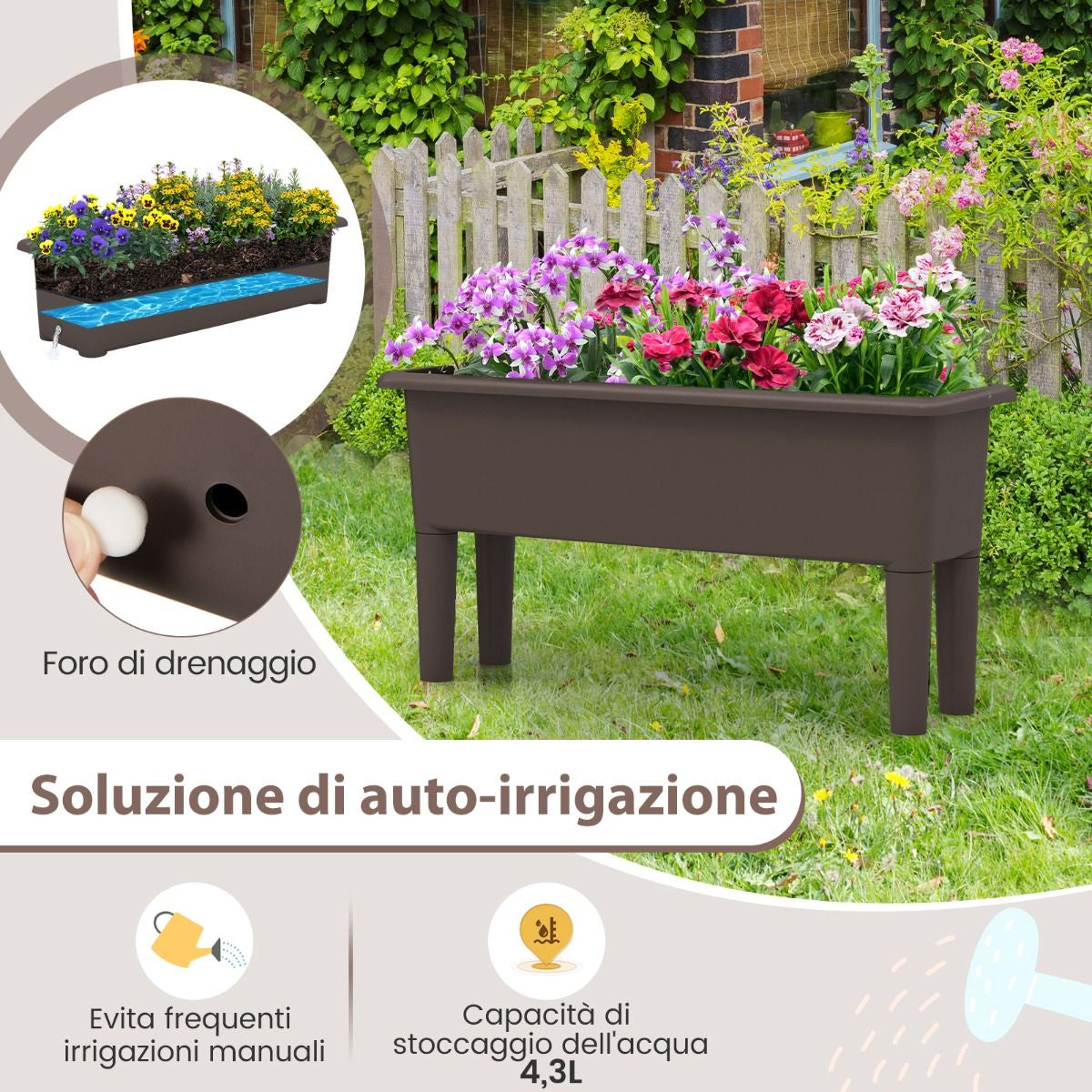 Set di 2 vasi rialzati da giardino con gambe rimovibili e sistema di drenaggio – design autoirrigante in due colori 