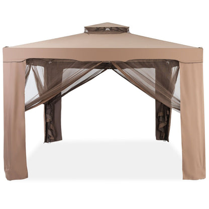 Gazebo a Doppio Tetto Con Zanzariera 3X3M Da Esterno E Campeggio Marrone