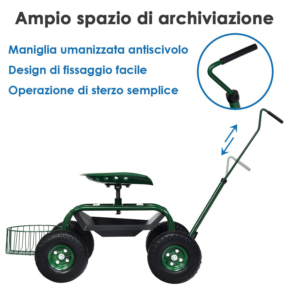 Carrello Da Giardino Maneggevole Con Manico Estensibile Sedile Regolabile , Sedile Da Lavoro Verde 96,5X47,5X55Cm