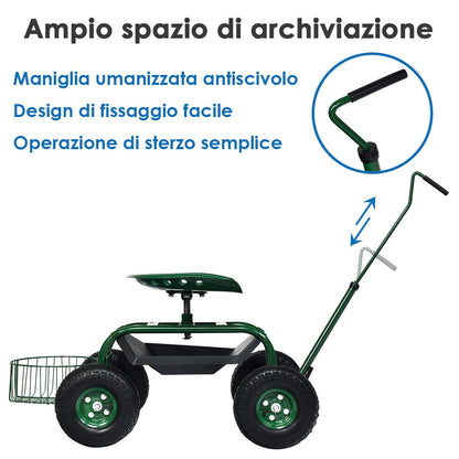 Carrello Da Giardino Maneggevole Con Manico Estensibile Sedile Regolabile , Sedile Da Lavoro Verde 96,5X47,5X55Cm