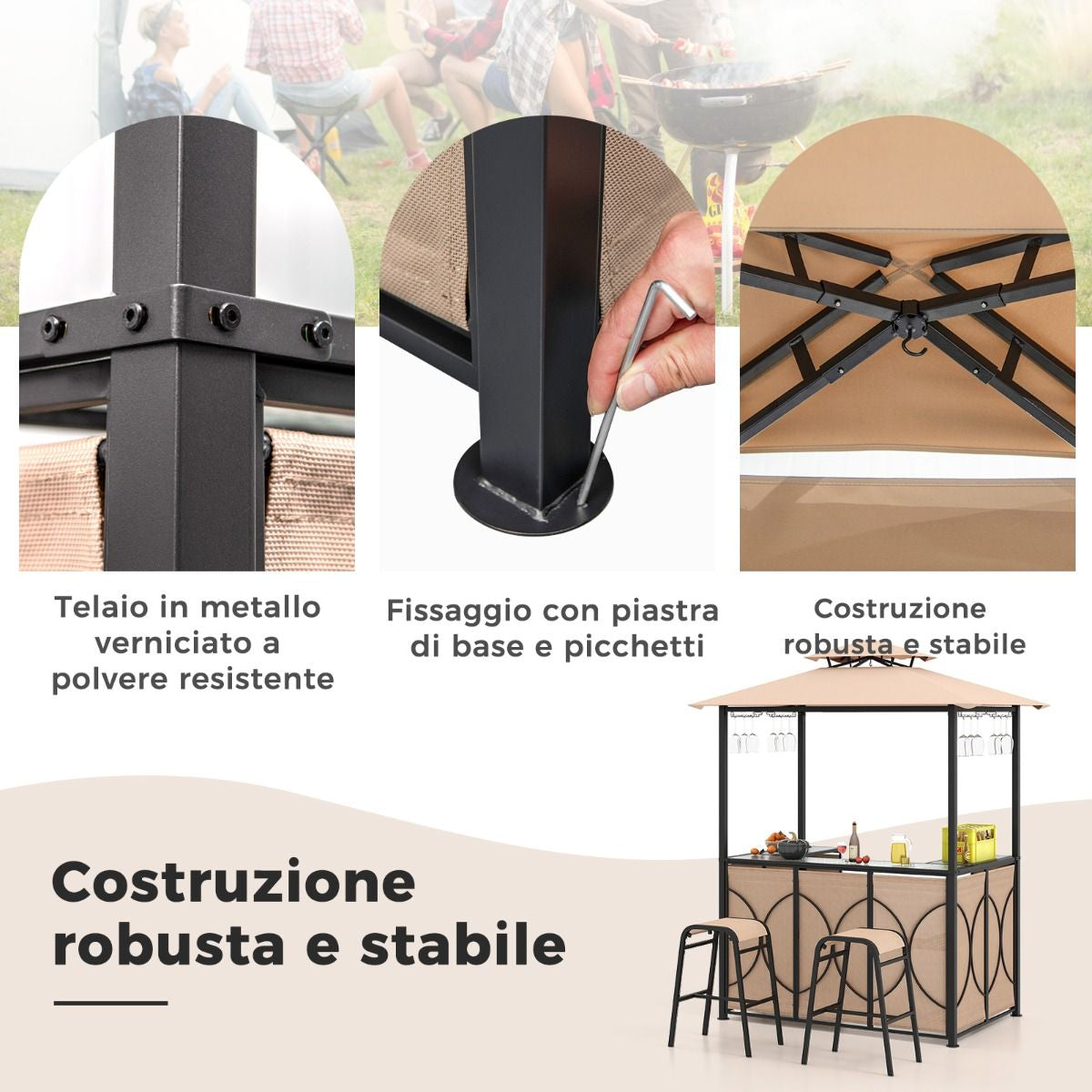 Set Bar Da Patio a 3 Pezzi Con Tavolo in Vetro Temperato Ripiani in Metallo, Gazebo per Griglia E 2 Sgabelli 2 Colori