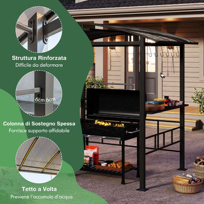 Gazebo Barbecue Con Tetto in Policarbonato Ventilato Mensole Laterali Ganci, Gazebo Barbecue Struttura in Metallo Nero