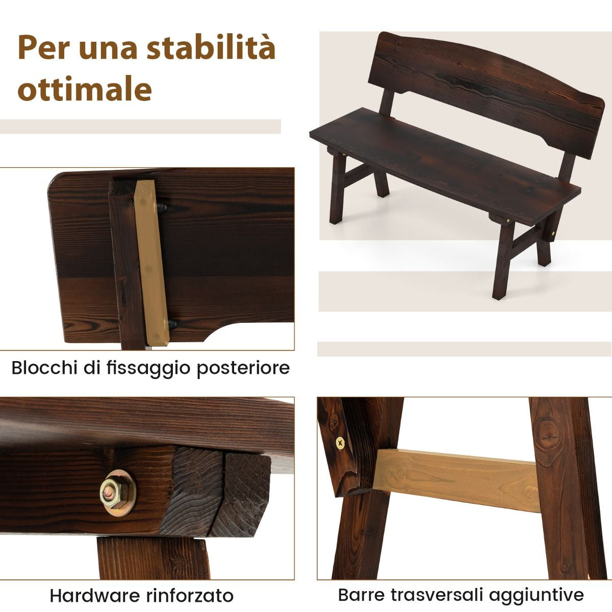 Panchina da giardino in legno di abete con schienale inclinato – seduta a 2 posti, robusta e confortevole (325 kg) - Outdoor Fir Wood Garden Bench with Inclined Backrest – Two-Seater, Sturdy and Comfortable (325 kg Load Capacity)