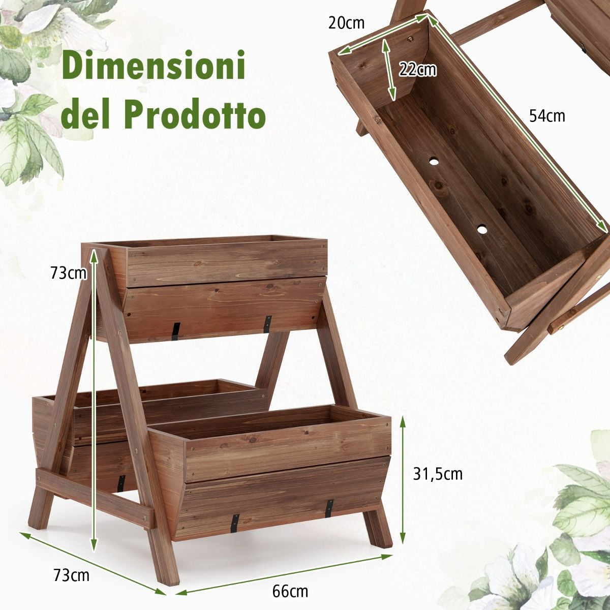 Letto da giardino rialzato verticale – supporto per piante a scala con 3 fioriere in legno naturale e fori di drenaggio