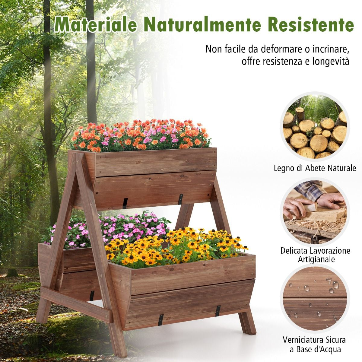 Letto da giardino rialzato verticale – supporto per piante a scala con 3 fioriere in legno naturale e fori di drenaggio