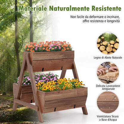 Letto da giardino rialzato verticale – supporto per piante a scala con 3 fioriere in legno naturale e fori di drenaggio