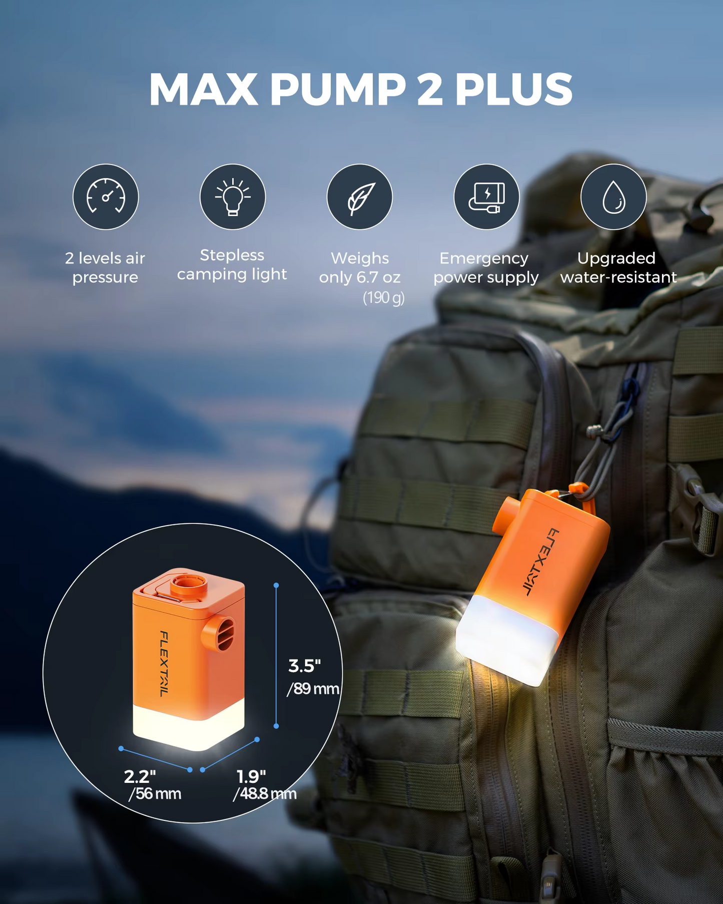 FLEXTAIL MAX PUMP 2 Plus – Pompa ad aria elettrica con doppio livello di pressione, con luce da campeggio e funzione di power bank d’emergenza, batteria da 4800 mAh.