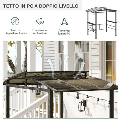 Gazebo Barbecue Con Tetto in Policarbonato Ventilato Mensole Laterali Ganci, Gazebo Barbecue Struttura in Metallo Nero