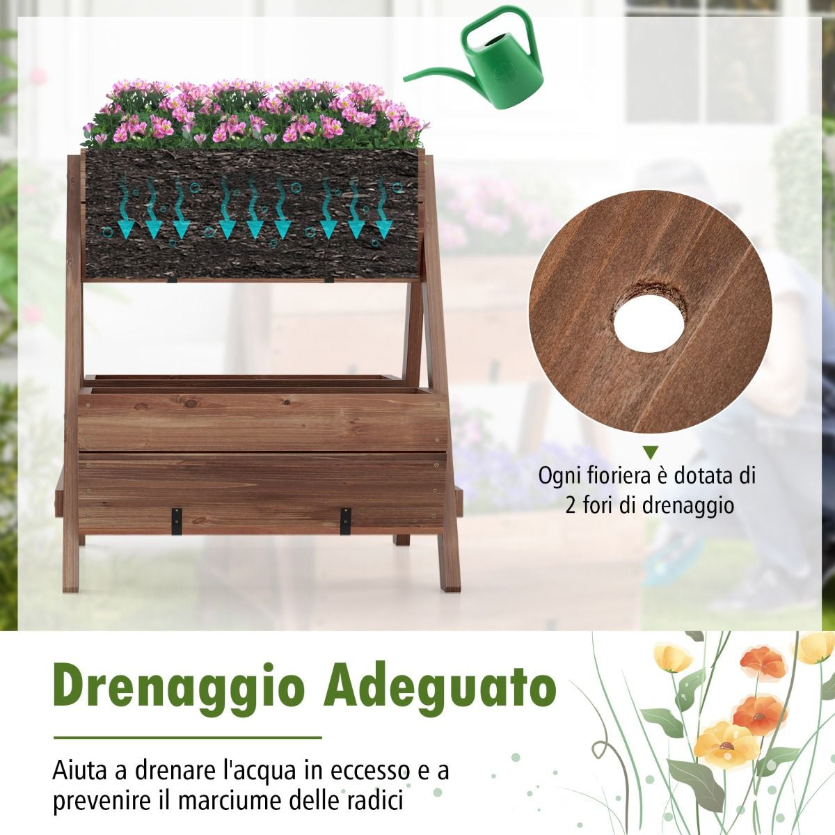 Letto da giardino rialzato verticale – supporto per piante a scala con 3 fioriere in legno naturale e fori di drenaggio