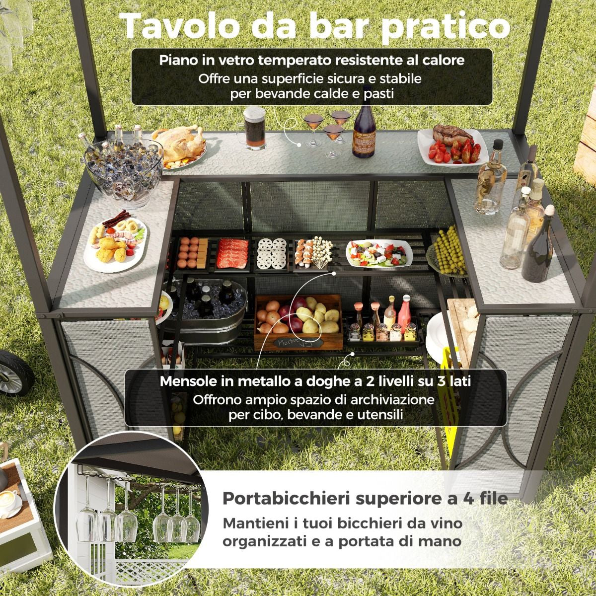 Set Bar Da Patio a 3 Pezzi Con Tavolo in Vetro Temperato Ripiani in Metallo, Gazebo per Griglia E 2 Sgabelli 2 Colori