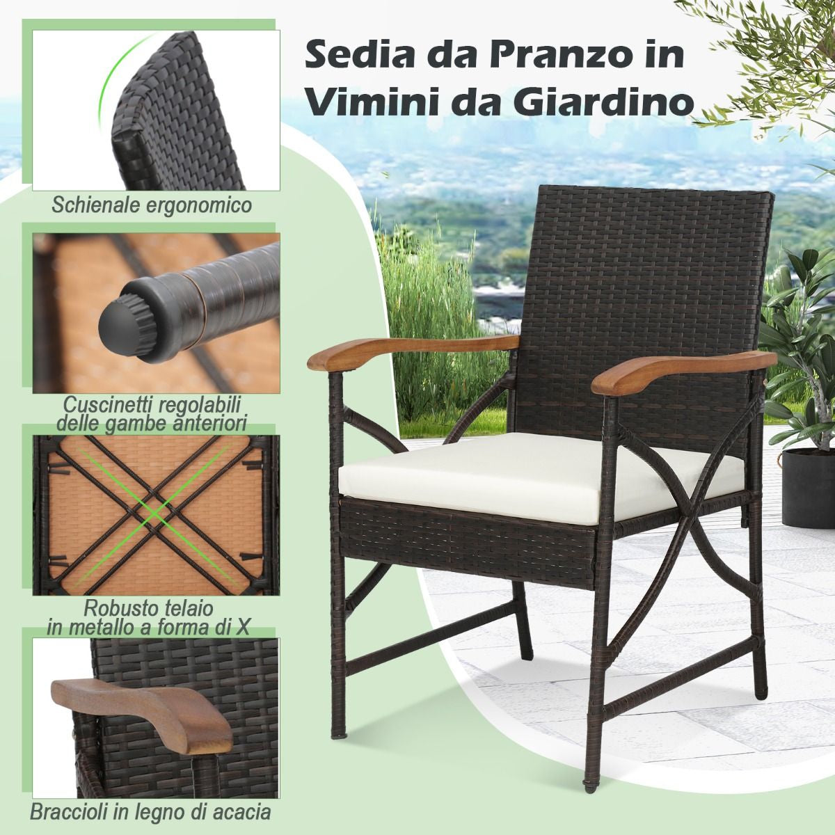 Set Di 2 Sedie in Vimini per Patio Con Cuscino Struttura in Metallo, Sedie in Rattan in PE per Esterni Beige