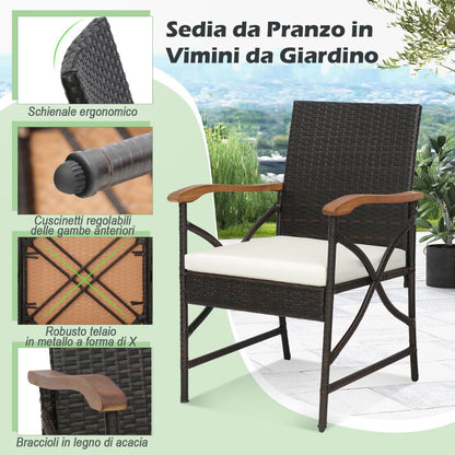 Set Di 2 Sedie in Vimini per Patio Con Cuscino Struttura in Metallo, Sedie in Rattan in PE per Esterni Beige