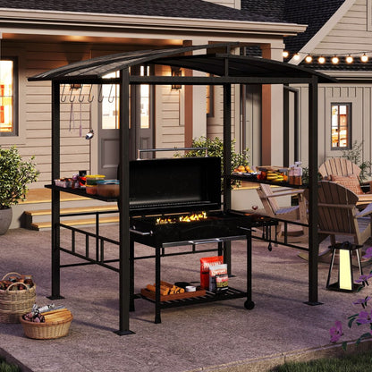 Gazebo Barbecue Con Tetto in Policarbonato Ventilato Mensole Laterali Ganci, Gazebo Barbecue Struttura in Metallo Nero