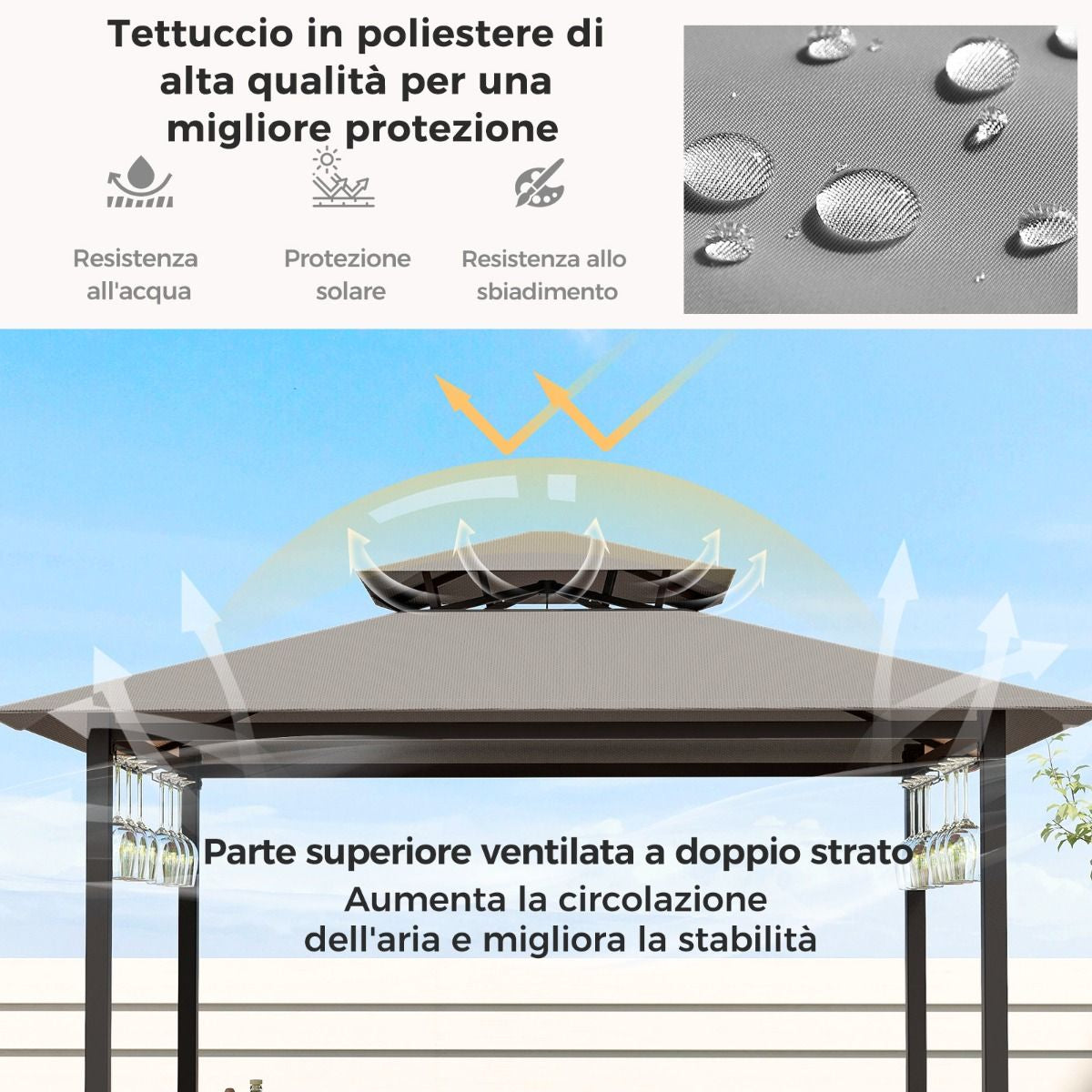 Set Bar Da Patio a 3 Pezzi Con Tavolo in Vetro Temperato Ripiani in Metallo, Gazebo per Griglia E 2 Sgabelli 2 Colori