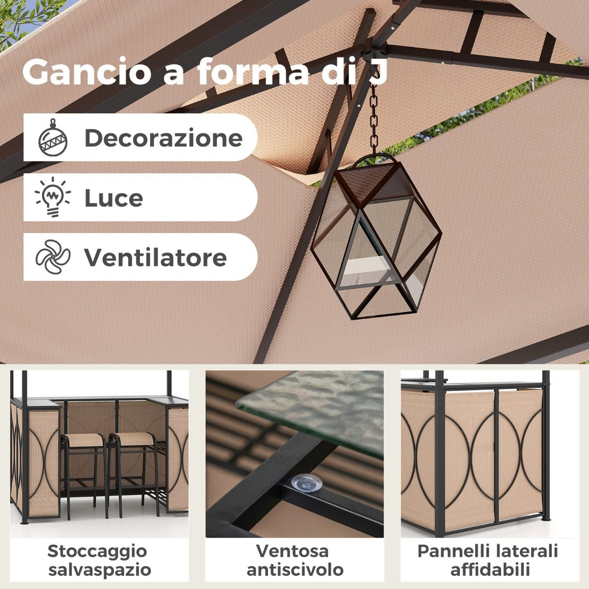 Set Bar Da Patio a 3 Pezzi Con Tavolo in Vetro Temperato Ripiani in Metallo, Gazebo per Griglia E 2 Sgabelli 2 Colori