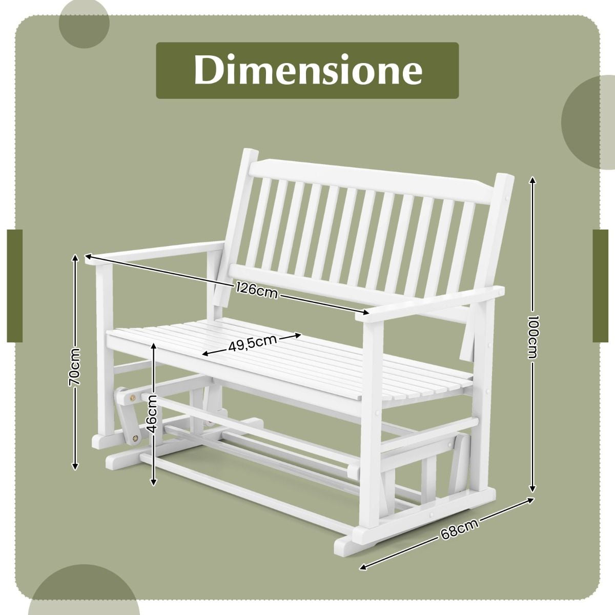 Panca a dondolo da esterno in legno massello – seduta a due posti con delicato movimento oscillante e finitura bianca - Outdoor Solid Wood Glider Bench – Two-Seater Rocking Loveseat with Gentle Swing Motion and White Finish
