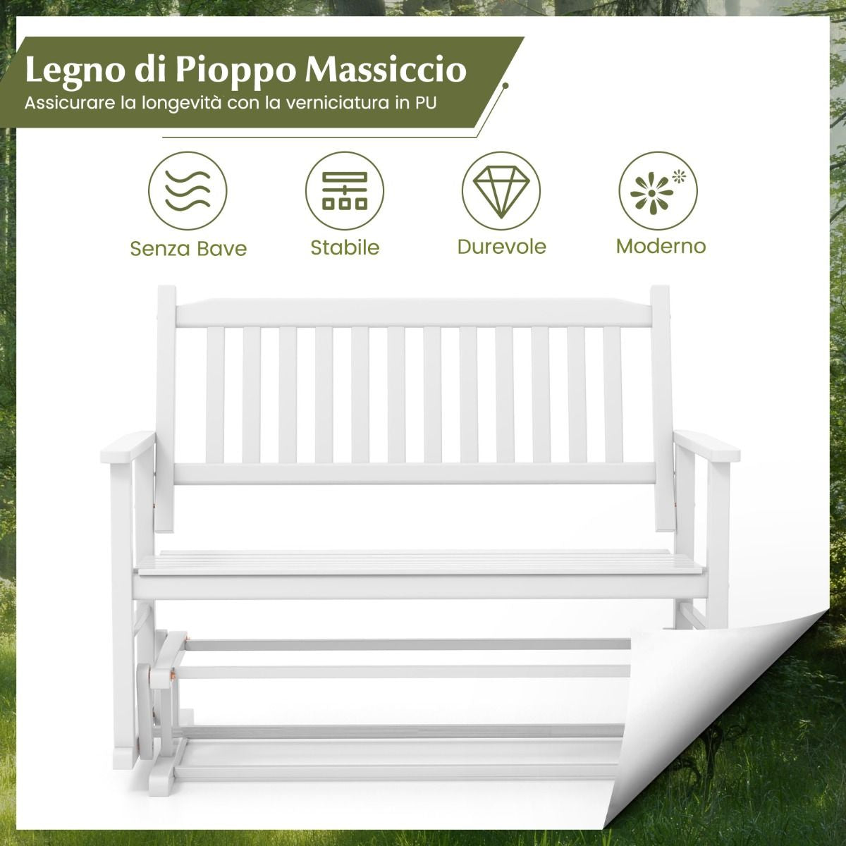 Panca a dondolo da esterno in legno massello – seduta a due posti con delicato movimento oscillante e finitura bianca - Outdoor Solid Wood Glider Bench – Two-Seater Rocking Loveseat with Gentle Swing Motion and White Finish