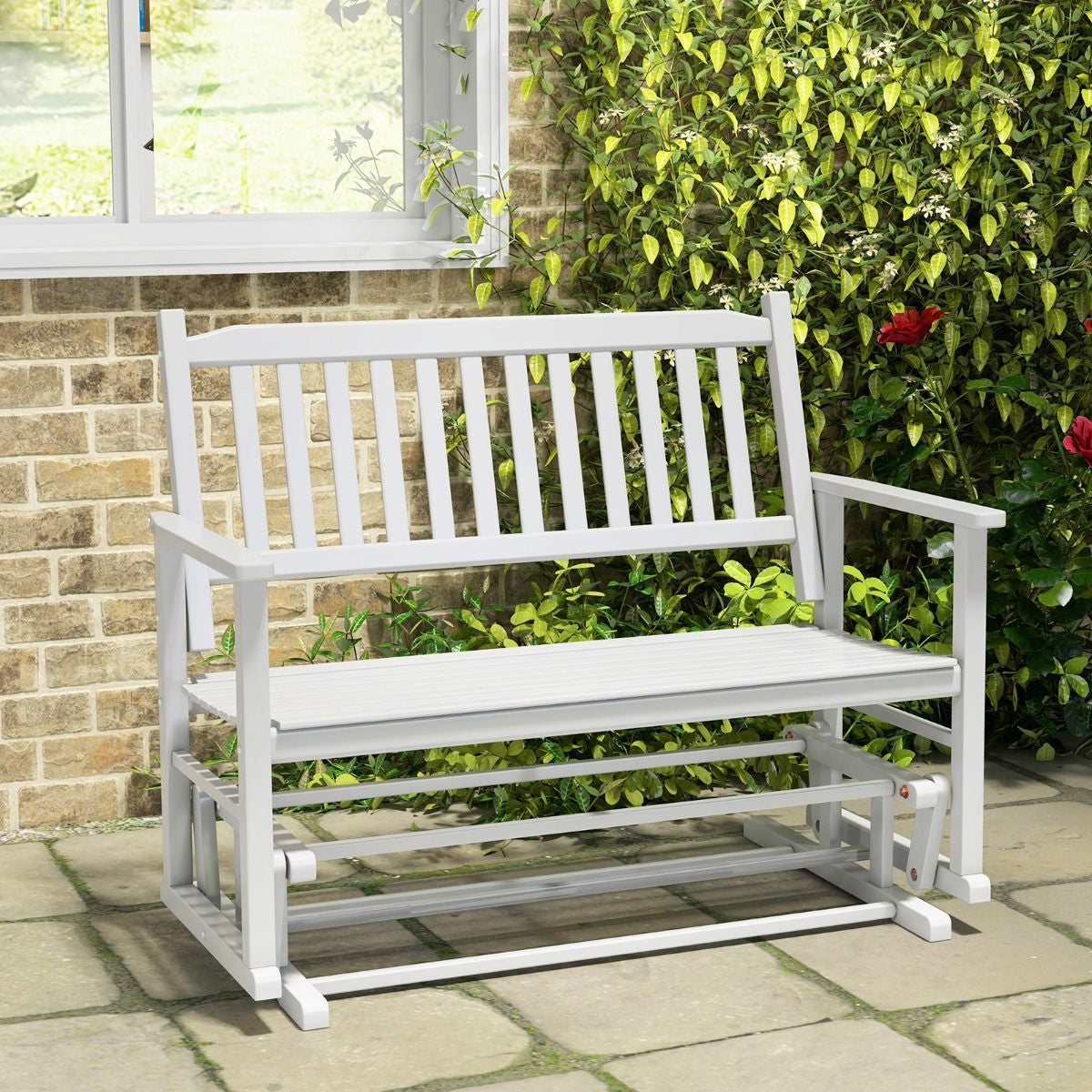 Panca a dondolo da esterno in legno massello – seduta a due posti con delicato movimento oscillante e finitura bianca - Outdoor Solid Wood Glider Bench – Two-Seater Rocking Loveseat with Gentle Swing Motion and White Finish