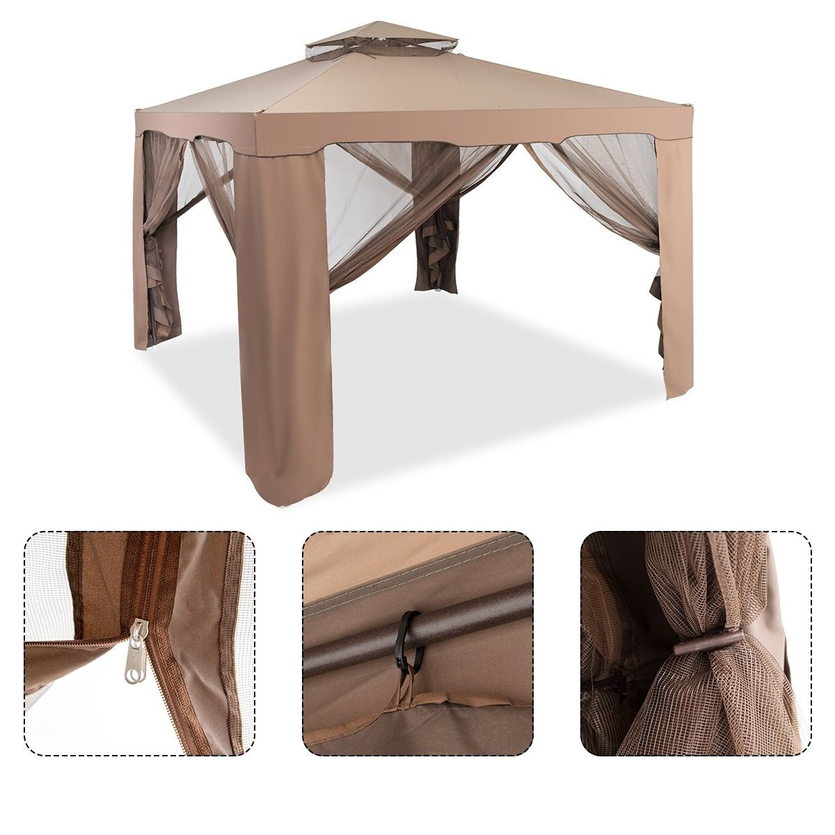Gazebo a Doppio Tetto Con Zanzariera 3X3M Da Esterno E Campeggio Marrone