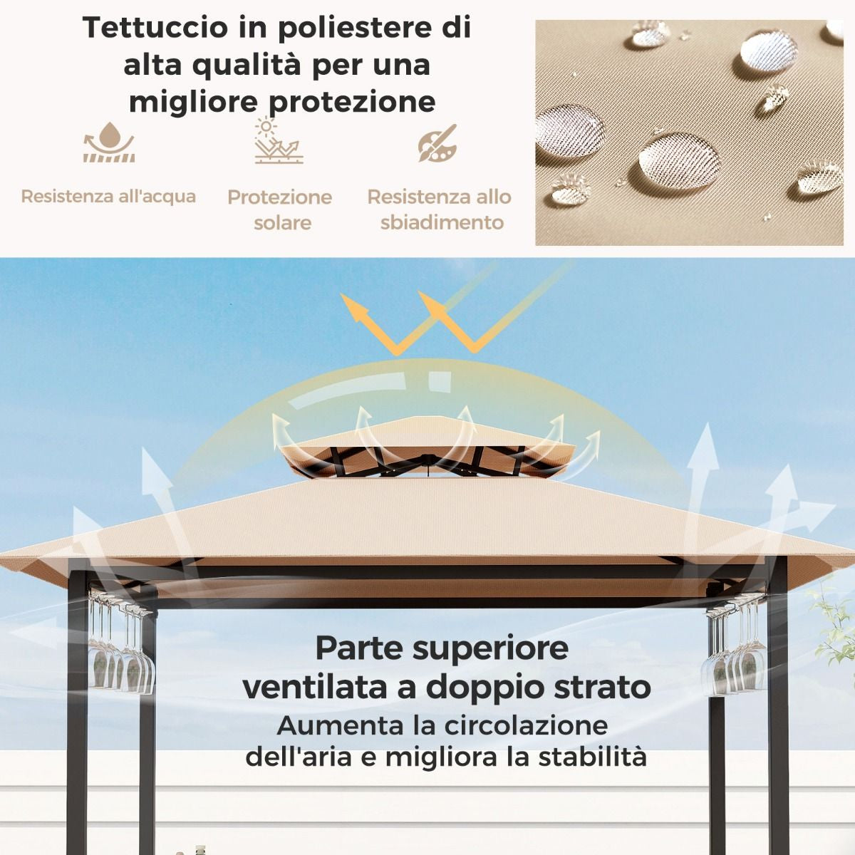 Set Bar Da Patio a 3 Pezzi Con Tavolo in Vetro Temperato Ripiani in Metallo, Gazebo per Griglia E 2 Sgabelli 2 Colori