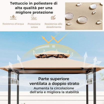 Set Bar Da Patio a 3 Pezzi Con Tavolo in Vetro Temperato Ripiani in Metallo, Gazebo per Griglia E 2 Sgabelli 2 Colori