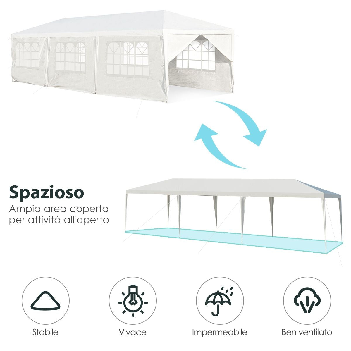 Gazebo Impermeabile 3 X 9 M Con Pali Resistenti, Pergola per Matrimonio Eventi in Spiaggia Barbecue, Bianco