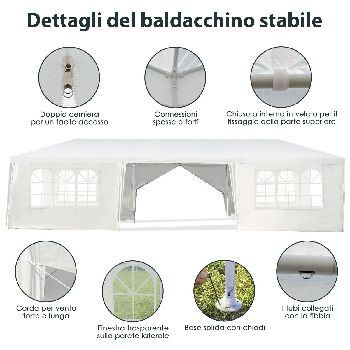 Gazebo Impermeabile 3 X 9 M Con Pali Resistenti, Pergola per Matrimonio Eventi in Spiaggia Barbecue, Bianco