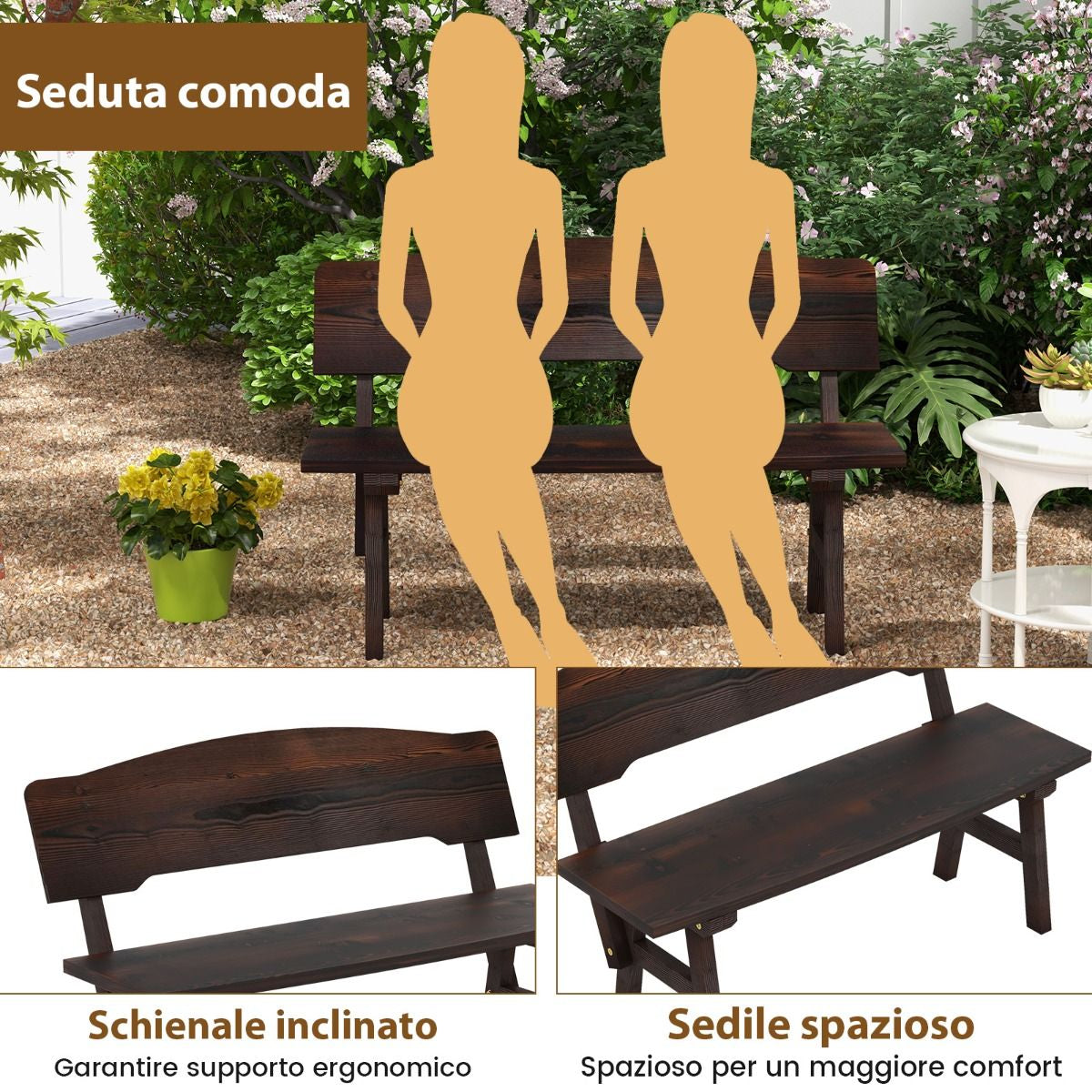 Panchina da giardino in legno di abete con schienale inclinato – seduta a 2 posti, robusta e confortevole (325 kg) - Outdoor Fir Wood Garden Bench with Inclined Backrest – Two-Seater, Sturdy and Comfortable (325 kg Load Capacity)