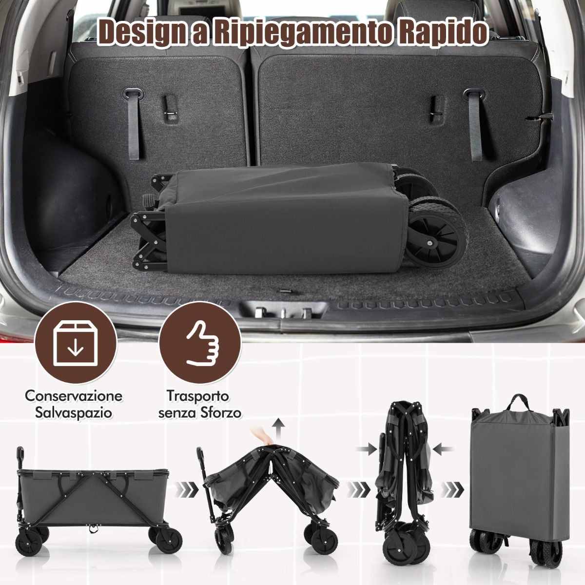 Carrello Da Giardino Pieghevole Con Manubrio Regolabile Portabottiglie Tasca Portaoggetti, Carrello Da Campeggio 2 Colori