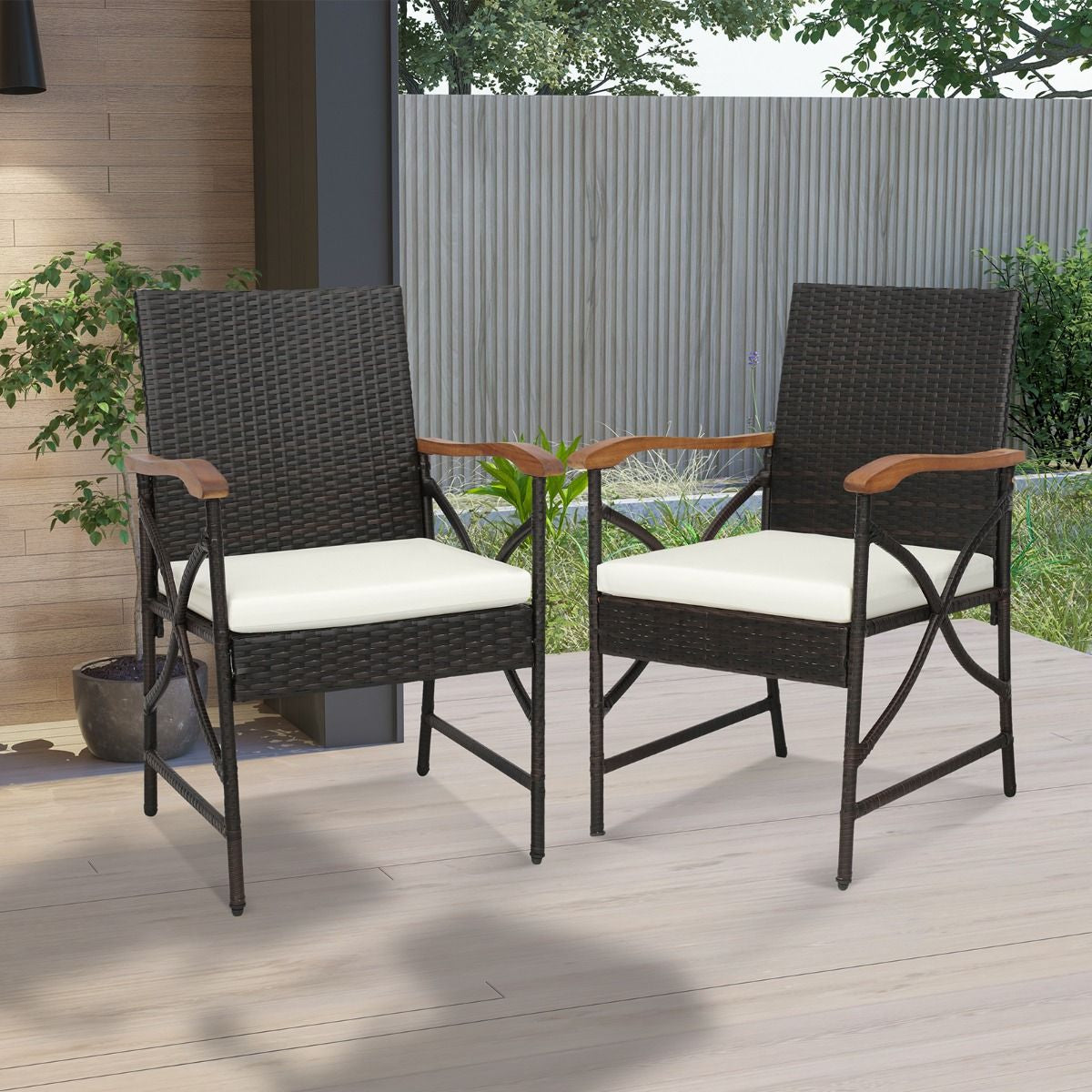 Set Di 2 Sedie in Vimini per Patio Con Cuscino Struttura in Metallo, Sedie in Rattan in PE per Esterni Beige