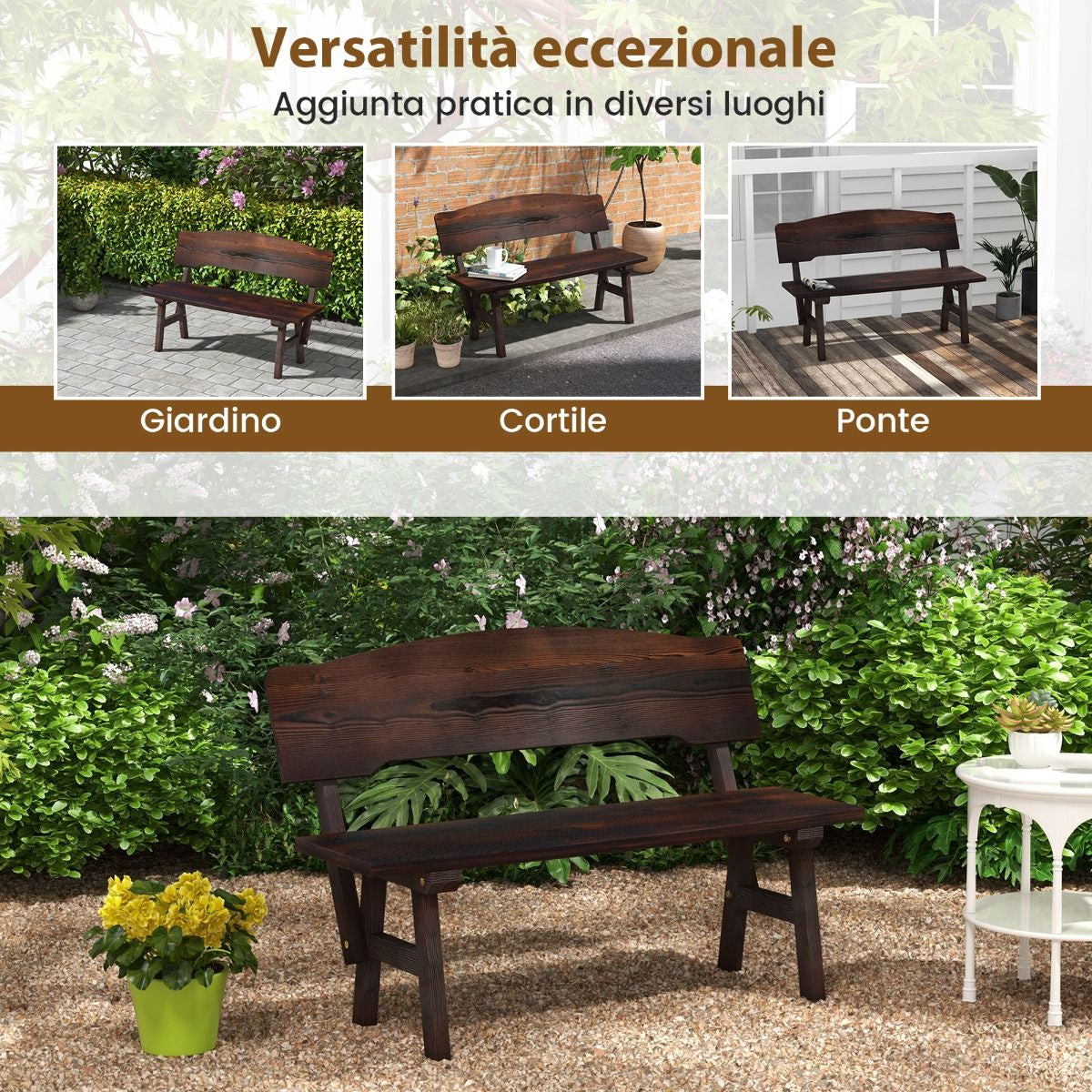 Panchina da giardino in legno di abete con schienale inclinato – seduta a 2 posti, robusta e confortevole (325 kg) - Outdoor Fir Wood Garden Bench with Inclined Backrest – Two-Seater, Sturdy and Comfortable (325 kg Load Capacity)