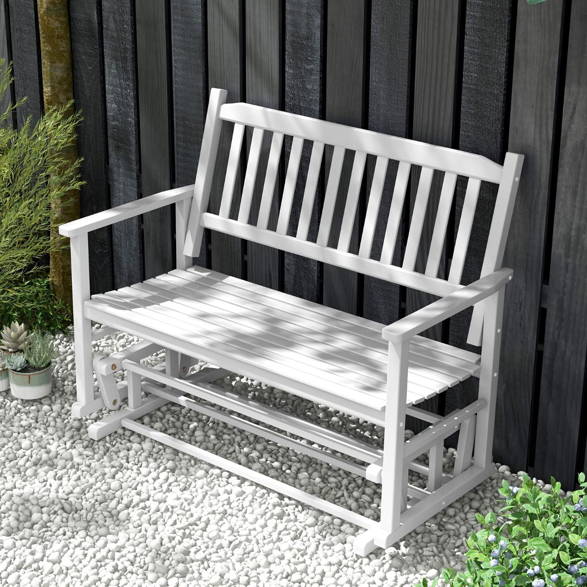 Panca a dondolo da esterno in legno massello – seduta a due posti con delicato movimento oscillante e finitura bianca - Outdoor Solid Wood Glider Bench – Two-Seater Rocking Loveseat with Gentle Swing Motion and White Finish