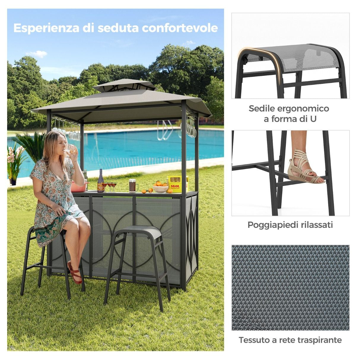 Set Bar Da Patio a 3 Pezzi Con Tavolo in Vetro Temperato Ripiani in Metallo, Gazebo per Griglia E 2 Sgabelli 2 Colori