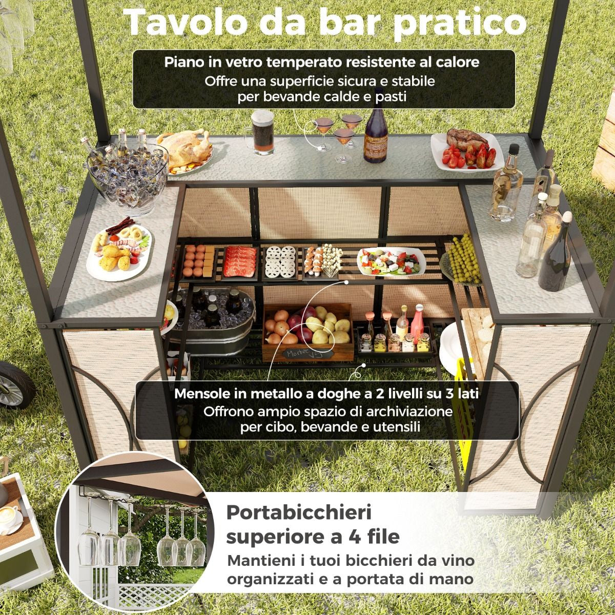 Set Bar Da Patio a 3 Pezzi Con Tavolo in Vetro Temperato Ripiani in Metallo, Gazebo per Griglia E 2 Sgabelli 2 Colori