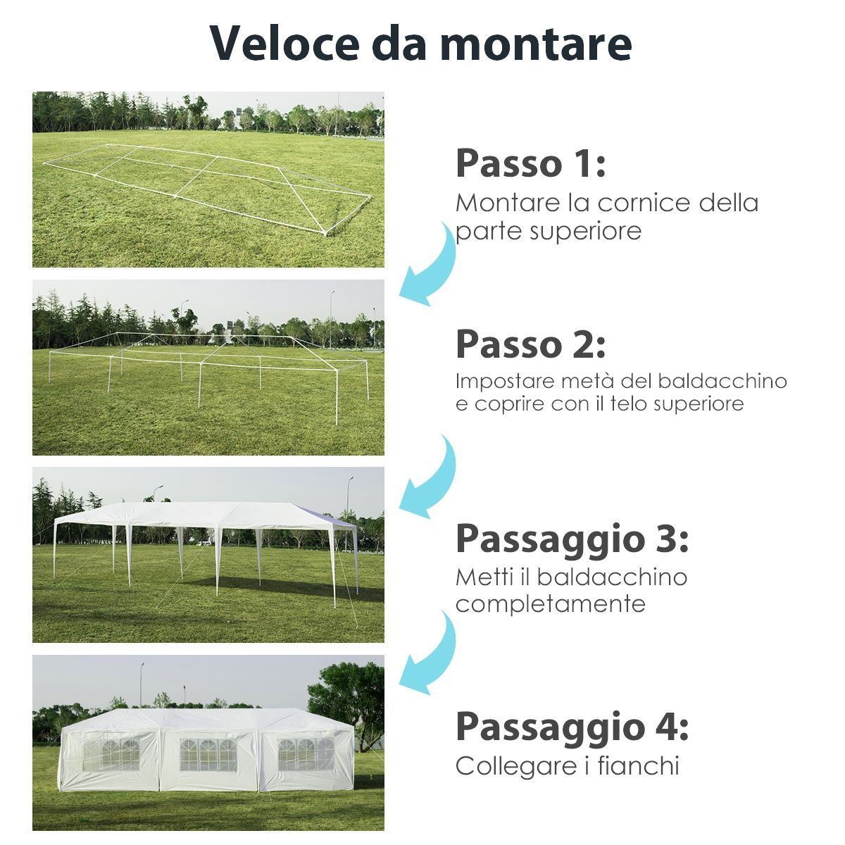 Gazebo Impermeabile 3 X 9 M Con Pali Resistenti, Pergola per Matrimonio Eventi in Spiaggia Barbecue, Bianco