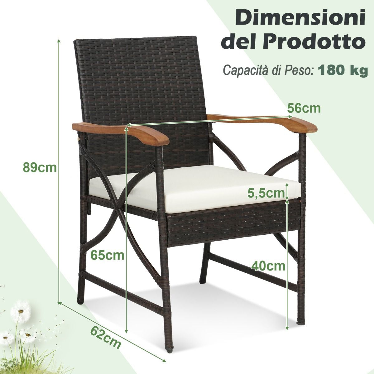 Set Di 2 Sedie in Vimini per Patio Con Cuscino Struttura in Metallo, Sedie in Rattan in PE per Esterni Beige