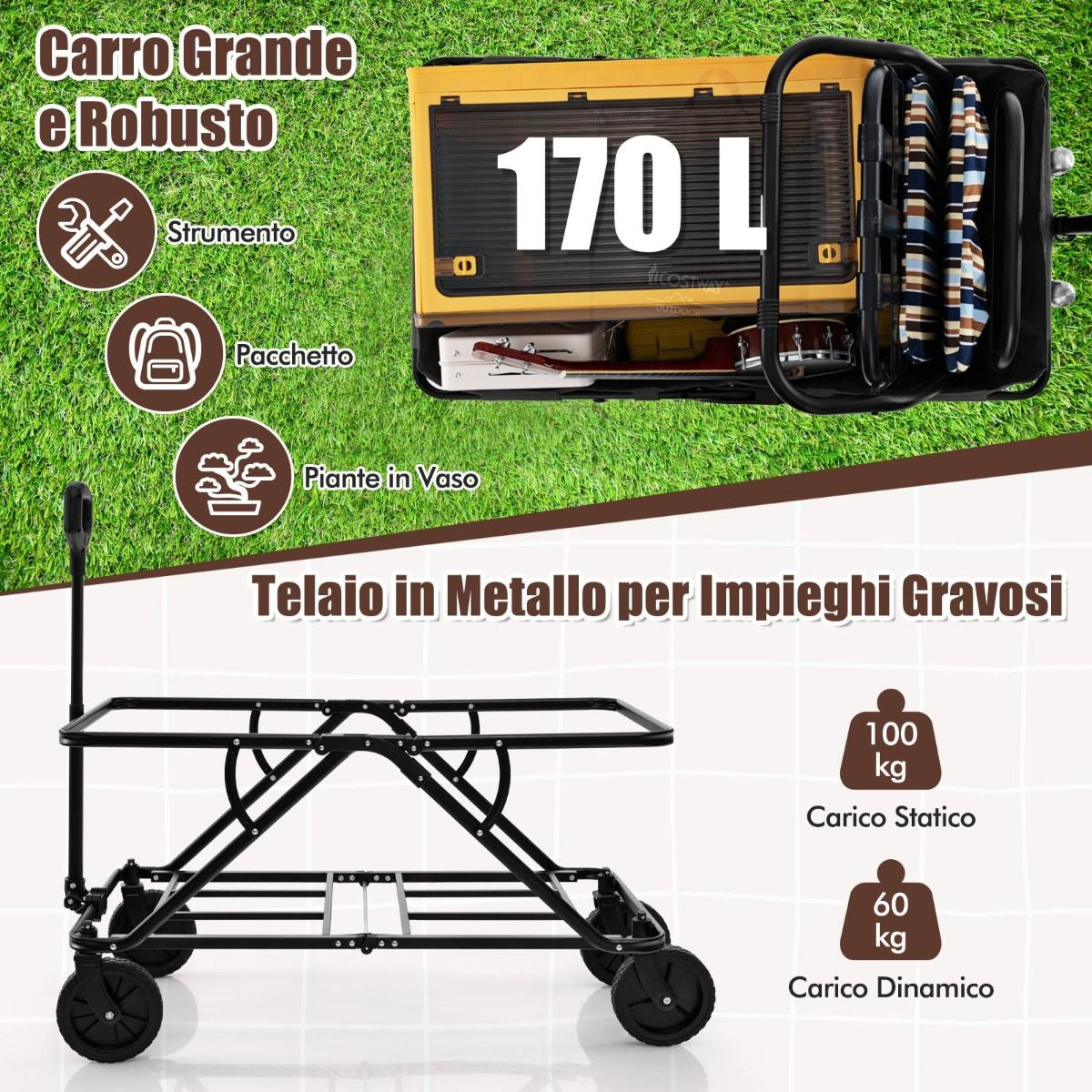 Carrello Da Giardino Pieghevole Con Manubrio Regolabile Portabottiglie Tasca Portaoggetti, Carrello Da Campeggio 2 Colori