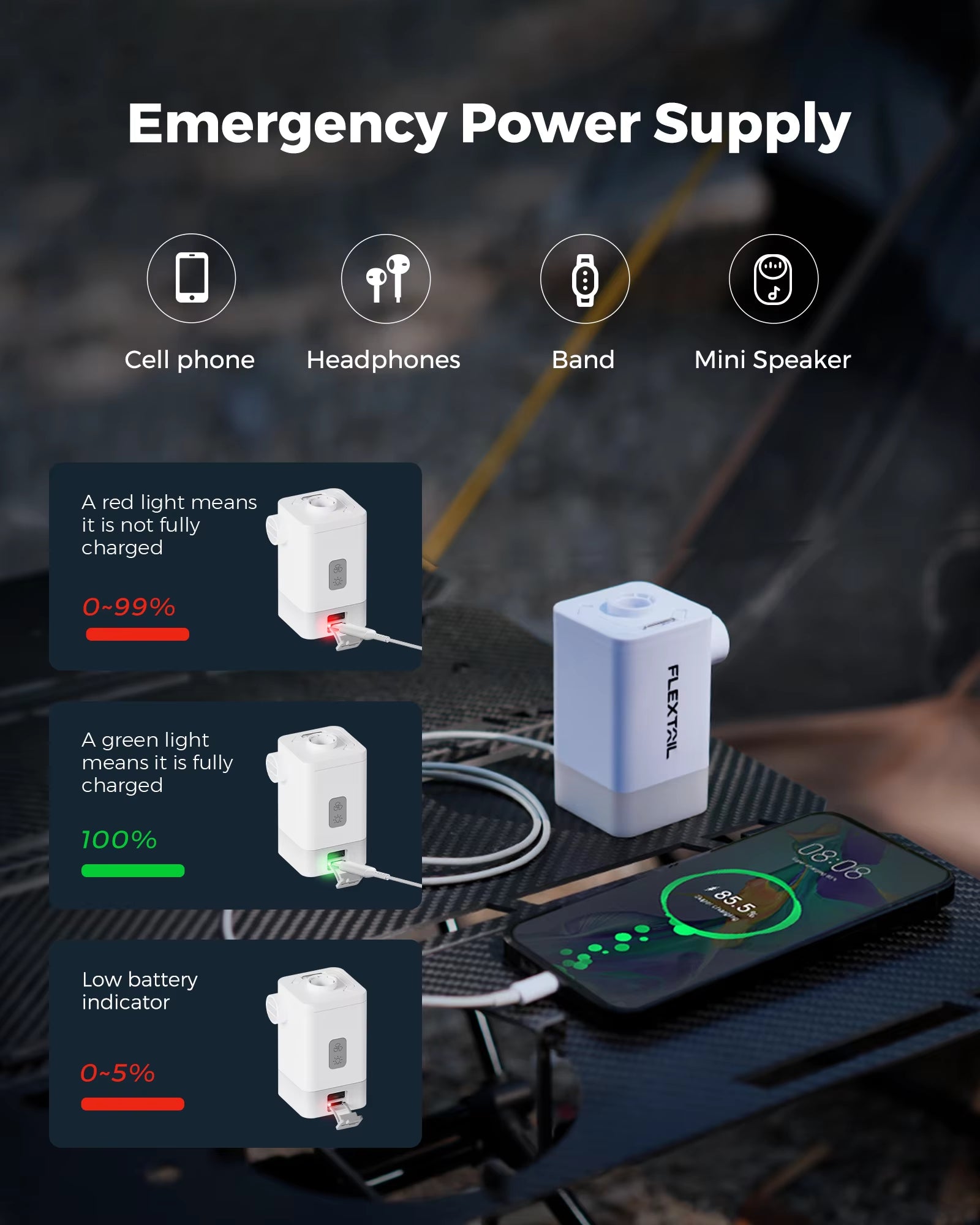 FLEXTAIL MAX PUMP 2 Plus – Pompa ad aria elettrica con doppio livello di pressione, con luce da campeggio e funzione di power bank d’emergenza, batteria da 4800 mAh.