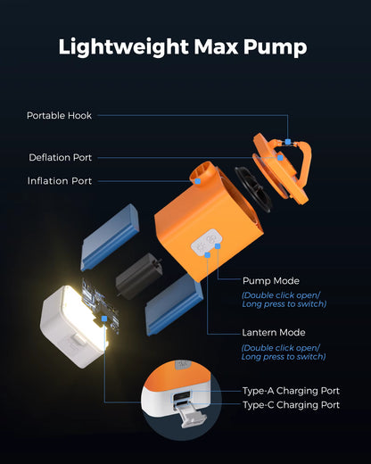 FLEXTAIL MAX PUMP 2 Plus – Pompa ad aria elettrica con doppio livello di pressione, con luce da campeggio e funzione di power bank d’emergenza, batteria da 4800 mAh.