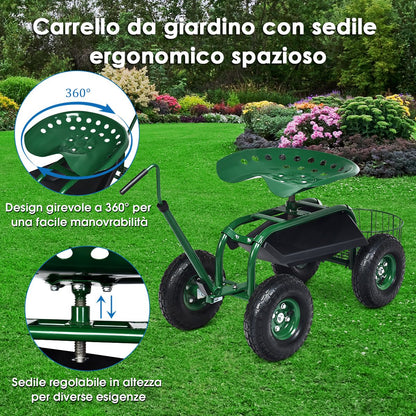 Carrello Da Giardino Maneggevole Con Manico Estensibile Sedile Regolabile , Sedile Da Lavoro Verde 96,5X47,5X55Cm
